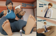 feet clothed handheld toes barefoot soles brunette sequence insole smiling in_shoe story ponytail boots sitting shrunken_man dark_skin indoors willing avatar between_fingers dialogue panels thumb shoe_insertion korra looking_at_tiny digital_render bantoras