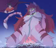 drawing giantess pussy furry giga masturbation tail color green_eyes milk red_hair kneeling lactation collar open_mouth mountains cat_girl leash sharp_teeth glowing_eyes pointed_ears sihagen ari