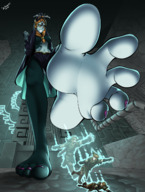 drawing feet color long_hair clothed toes barefoot soles shrinking red_eyes low_angle smiling elf red_hair midna underboob foot_crush blue_skin looming shrunken_man looking_down falling indoors raised_foot imminent_crush purple_nails looking_at_tiny pointed_ears the_legend_of_zelda bare_legs bare_midriff hylian link_(the_legend_of_zelda) luckyboyfeet