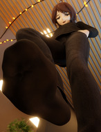 feet black_hair clothed toes soles low_angle smiling socks short_hair looking_down between_toes shrunken_person indoors under_foot point_of_view raised_foot hands_on_hips in_socks in_sock sock_entrapment digital_render clothing_entrapment polyphius
