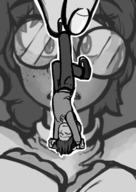 drawing monochrome clothed handheld glasses crying shrunken_man dangle freckles between_fingers upside_down looking_at_tiny inverseautotroph