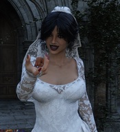 gentle black_hair clothed handheld smiling kneeling wedding_dress shrunken_man piercing outdoors bride red_nails in_palm looking_at_tiny digital_render the-living-tribunal