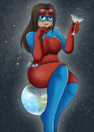 breasts drawing giantess earth giga space color large_breasts long_hair butt brunette brown_eyes gloves boots glass dark_skin costume looking_at_viewer belt stars dinobirdofdoom dc_comics cosmic_giantess sitting_on_planet skintight_clothing atomica