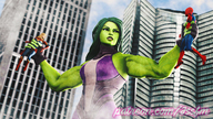 breasts giantess city mega blonde large_breasts handheld green_eyes gloves green_hair muscles costume green_skin looking_at_tiny digital_render she-hulk spider-man marvel_comics captain_marvel jssfmcontent