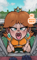 drawing giantess color large_breasts blue_eyes brunette high_angle stadium open_mouth dialogue source_needed princess_daisy imminent_vore on_knees tdart