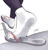 drawing feet monochrome clothed toes soles in_shoe sandals walking shrunken_man under_foot stuck_to_foot no_background bubimun