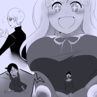 drawing gentle blushing monochrome large_breasts long_hair clothed handheld barefoot anime low_angle smiling shrunken_woman bangs no_background herretik looking_at_tiny cutaway kaguya_sama_love_is_war chika_fujiwara shinomiya_kaguya shirogane_miyuki