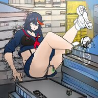 drawing giantess city upskirt black_hair color butt destruction clothed cleavage buildings anime short_hair sitting falling clumsy outdoors debris tripping skimpy_clothing kill_la_kill ryuko_matoi bare_legs one_eye_closed bare_midriff beepunz hair_streak