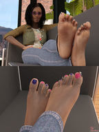 gentle feet black_hair clothed toes barefoot soles glasses smiling foot_worship shrunken_men sitting between_toes dark_skin indoors nail_polish dreadlocks on_foot sofa panels legs_crossed looking_at_tiny digital_render red_neptune