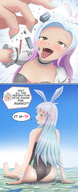 drawing giantess vore giga city color destruction giant clothed butt_crush fishnets giantesses dialogue bunnysuit femboy thedaibijin speech_bubble sumiko cera