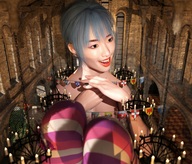 giantess blue_hair medieval sitting indoors chandelier cramped digital_render velocity-vektor