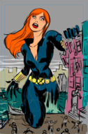 breasts drawing giantess city mega color large_breasts long_hair destruction rampage cleavage water buildings wet red_hair open_mouth boats catsuit belt jumpsuit bracelet running_away looking_at_tiny black_widow marvel_comics