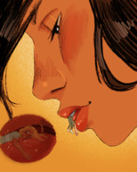 drawing gentle vore blushing blonde black_hair color long_hair tongue clothed wet saliva smiling kissing looking_down inside_mouth shrunken_person mouth_play imminent_vore on_tongue internal_view no_background looking_at_tiny willing_vore cutaway teefteefteef