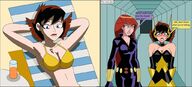 bikini breasts drawing comic color large_breasts long_hair blue_eyes cleavage green_eyes brunette gloves red_hair lying_down short_hair glass drink shrunken_man avengers tan costume catsuit ant-man jumpsuit dialogue zipper looking_at_tiny black_widow janet_van_dyne marvel_comics nightcore100 the_wasp bare_midriff between_breasts avengers_earths_mightiest_heroes hank_pym