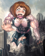 drawing growth giantess blushing city color large_breasts destruction clothed rampage cleavage buildings anime brunette crying yilx embarrassed short_hair kneeling muscles abs looking_down hand_crush clumsy vehicles smoke outdoors ripped_clothing bangs debris outgrowing_clothes my_hero_academia skintight_clothing ochako_uraraka