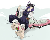 drawing feet black_hair color long_hair clothed sword toes barefoot soles anime smiling ponytail foot_worship sitting foot_play shrunken_man foot_slave bow between_feet hair_bow cape no_background looking_at_tiny bubimun kimetsu_no_yaiba shinobu_kocho giyu_tomioka