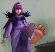 drawing feet color long_hair clothed toes barefoot soles anime purple_hair low_angle smiling tights dress foot_crush looming shrunken_man looking_down raised_foot imminent_crush no_background looking_at_tiny fate/grand_order fate_(series) scathach ankkinn