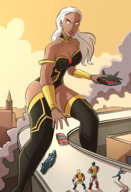 breasts drawing giantess white_hair city mega color large_breasts long_hair destruction colossus rampage cleavage buildings boots collar parody storm jets highway vehicles dark_skin smoke poster straddling costume road leotard bracelet running_away x-men wolverine attack_of_the_50_foot_woman white_eyes marvel_comics caiman2 x-jet