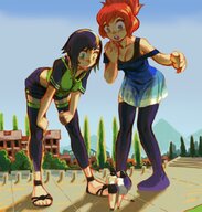 drawing giantess feet black_hair color clothed toes cleavage buildings anime red_hair sandals bending_over looming giantesses outdoors thigh_highs trees office_lady looking_at_tiny echo niwindustries