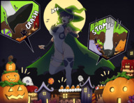 drawing giantess black_hair color large_breasts destruction clothed cleavage high_heels buildings anime smiling gloves green_hair foot_crush halloween walking looking_down shoe_crush outdoors candy thigh_highs leotard raised_foot running_away sound_effects multicolored_hair witch_hat cutaway echo dali-puff