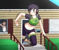 drawing growth giantess blushing black_hair color clothed buildings anime purple_hair outgrowing_building embarrassed green_hair short_hair tight shorts houses outdoors all_fours stuck looking_back cramped bare_midriff echo flame-eliwood