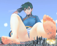 giantess panties feet city mega upskirt long_hair destruction clothed toes barefoot buildings soles butt_crush anime green_hair ponytail unknown_artist sitting foot_crush airplane explosion jets outdoors under_foot source_needed under_butt debris fire_emblem digital_render bare_legs lyndis_(fire_emblem)