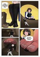 drawing feet comic black_hair color toes barefoot climbing red_eyes sweat smiling in_shoe shrunken socks boots sitting unaware dialogue black_socks sweaty_foot persona bubimun persona_5 makoto_niijima