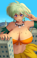breasts drawing giantess city mega color large_breasts destruction cleavage bra skirt buildings huge_breasts purple_eyes smiling green_hair short_hair looking_down clouds outdoors sky necklace semi_nude leaning_on_building jungle_de_ikou looking_at_tiny on_breasts leaf_skirt armlets mii_(jungle_de_ikou) bare_midriff vaioomaru ばいおーぶ buildilngs