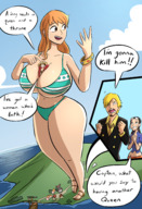bikini drawing giantess mega color nami nico_robin one_piece cleavage anime huge_breasts dialogue caiman2 between_breasts