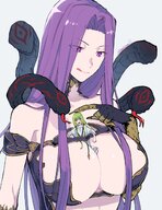 drawing blushing color large_breasts blue_eyes purple_hair purple_eyes green_hair shrunken_woman looking_down licking_lips no_background gorgon fate_(series) between_breasts nusoooos enkidu