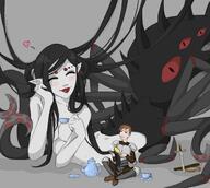 drawing gentle nude blushing black_hair color long_hair armor clothed cleavage anime knight smiling lying_down sitting heart shrunken_man tea tentacles closed_eyes monster_girl teacup spider_girl no_background pointed_ears spikes pale_skin brushing_hair nenijadraws