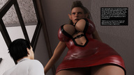 long_hair huge_breasts angry low_angle story elf mini_giantess looking_down indoors dialogue pointed_ears redfiredog digital_render jackofbullets