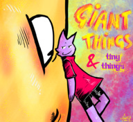 drawing gentle furry blushing anthro comic color clothed smiling story shrunken_man romantic leaning_against science_fiction purple_skin cover_page looking_at_tiny jaggedjagd berg kiwa giant_things_and_tiny_things