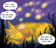 drawing gentle nude furry anthro sleeping comic color couple story lying_down mountains forest peaceful night outdoors romantic pointing dialogue stars science_fiction purple_skin red_skin sound_effects on_head stargazing jaggedjagd lightning_bug firefly berg towa kiwa giant_things_and_tiny_things