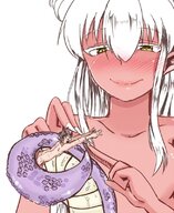 drawing white_hair insertion nude blushing tail color long_hair anime smiling shrunken_man dark_skin long_nails snake_girl bangs struggling no_background looking_at_tiny abc-pauler cloaca