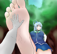 drawing feet color long_hair clothed toes barefoot soles anime blue_hair angry low_angle foot_crush looming looking_down outdoors point_of_view looking_at_viewer raised_foot struggling imminent_crush konosuba aqua_(konosuba) makoxsaeko
