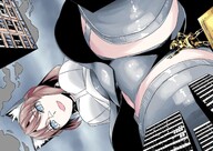 drawing giantess furry city upskirt color clothed brunette low_angle cat_girl thighs statue looking_at_viewer lucky_b skycrapers