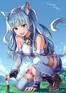 drawing gentle city color long_hair clothed high_heels buildings anime blue_hair cat_ears smiling gloves pigtails looming fishnets shrunken_man cat_girl piercing outdoors crouching ankle_bracelet thigh_highs trees bare_shoulders sharp_teeth poking looking_at_tiny petting jong1410