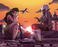 drawing giantess white_hair panties upskirt color long_hair buildings brunette smiling elf sitting airplane giantesses vehicles dark_skin outdoors airport on_foot legs_crossed sitting_on_building on_shoe dark_elf pointed_ears bare_legs zerohour99 bare_midriff