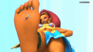 feet long_hair clothed toes barefoot soles low_angle red_hair ponytail foot_crush muscles abs animation shrunken_man looking_down dark_skin under_foot jewelry hands_on_hips makeup pointed_ears digital_render the_legend_of_zelda cross_dressing gerudo smexy-nation hylian link_(the_legend_of_zelda) urbosa_(the_legend_of_zelda)