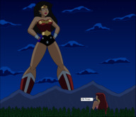 drawing giantess giga mega black_hair color large_breasts armor multiple_sizes giganta red_hair ponytail boots mountains giantesses forest night costume wonder_woman earrings leotard bracelet dialogue tiara hands_on_hips looking_at_tiny dc_comics nightcore100