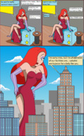 drawing giantess city mega comic color long_hair cleavage high_heels green_eyes huge_breasts gloves red_hair dress hand shrunken_woman skyscraper standing jessica_rabbit pedicure disney dialogue hands_on_hips legs_crossed bending_forward nightcore100 skycrapers