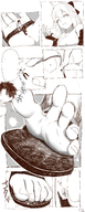 drawing feet comic monochrome clothed handheld toes soles anime sequence smiling in_shoe sandals shrunken_man dangle under_foot bow dropped panels bangs no_background looking_at_tiny heh030 fate_(series) okita_souji