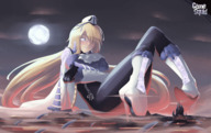 drawing growth giantess blushing giga blonde color large_breasts long_hair blue_eyes clothed high_heels glasses castle sitting full_moon gamefreakdx one_eye_covered bloodstained_ritual_of_the_night dominique_baldwin