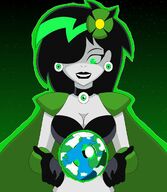 breasts drawing giantess earth giga alien space color large_breasts cleavage bra green_eyes goddess gloves green_hair short_hair choker cape top white_skin dc_comics cosmic_giantess shrinking_violet nightcore100 legion_of_superheroes flower_in_hair bare_midriff hair_streak emerald_empress