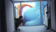 drawing giantess nude tail anthro city color butt buildings phone office blue_skin walking thighs indoors point_of_view my_little_pony rainbow_dash multicolored_hair office_chair cubicle maarthul bare_midriff cutie_mark