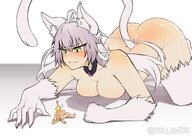 drawing giantess nude blushing tail blonde color cleavage green_eyes lying_down cat_girl all_fours no_background looking_at_tiny hollewdz