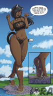 drawing giantess panties feet giga city black_hair color destruction barefoot cleavage bra foot_crush dark_skin dialogue jora-bora strikewind