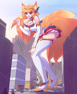 drawing giantess city color large_breasts destruction blue_eyes cleavage high_heels foot_crush looking_down fox_girl vehicle_crush orange_hair ahri angelgts