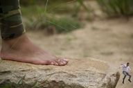 collage barefoot shrunken_man pink_nails outdoors toe_ring running_away msku